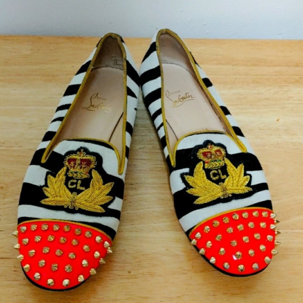 Christian Louboutin Women's  size 40, red, black & white stripes, studded. Worn.
